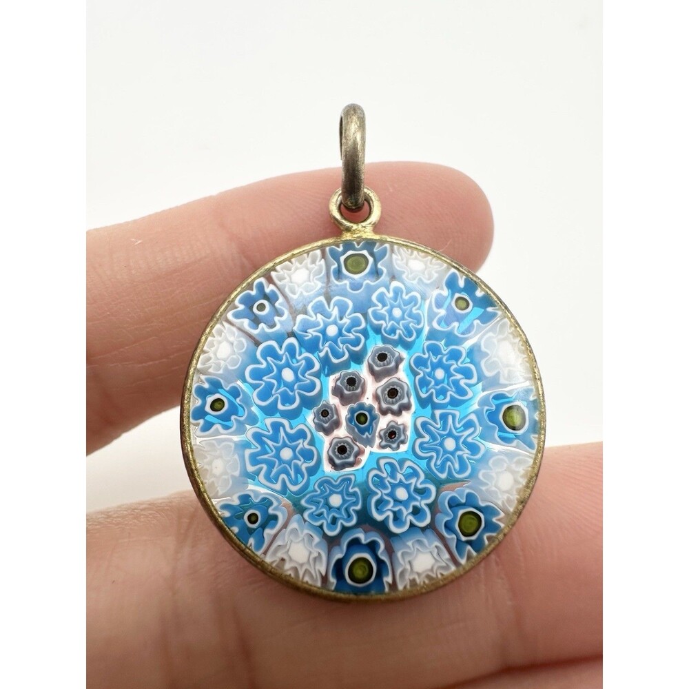 Murano Italy Millefiori glass blue Flowers pendant gold over sterling Silver